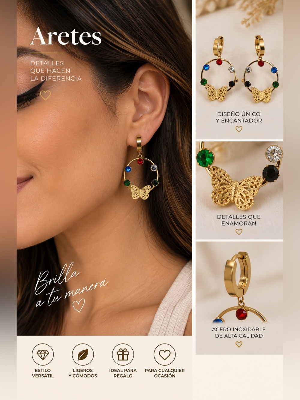 Gold Butterfly Hoop Earrings with Multicolor Stones - Women Jewelry